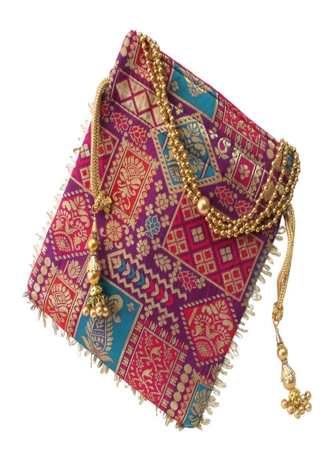 MILAN'S CREATION Patola Potli Banarasi Silk Brocade Bag Purse Drawstring Women's handbag with Pearl Handle & Tassel Weddings (Multicolor-Purple) - Image 5
